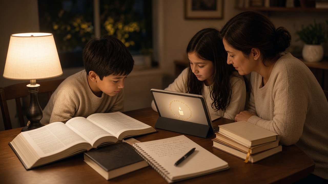 Evening family study table with open scriptures and a warm lamp